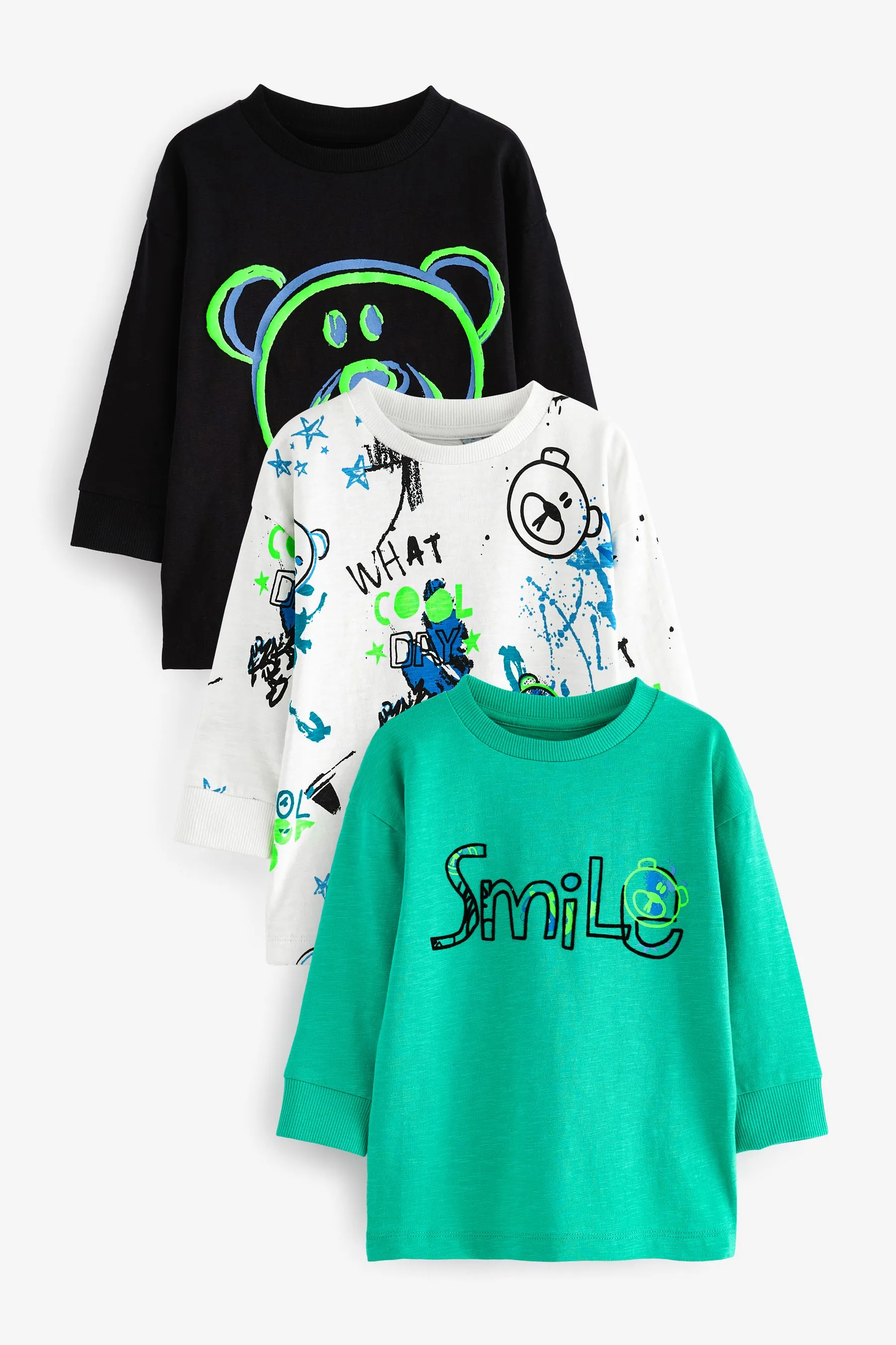 100% Cotton Long Sleeve Animal Print Character T-Shirts 3 Pack (3mths-7yrs)    