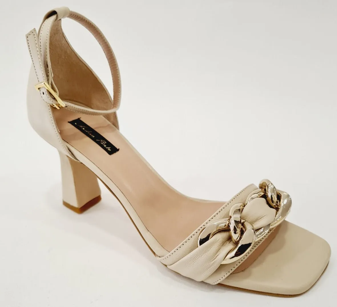 Andrea Pinto sandalo cinturino alla caviglia accessorio catena oro tacco alto 8 cm.pelle Beige art.727 N.B.:ORDINABILE IN QUALSI