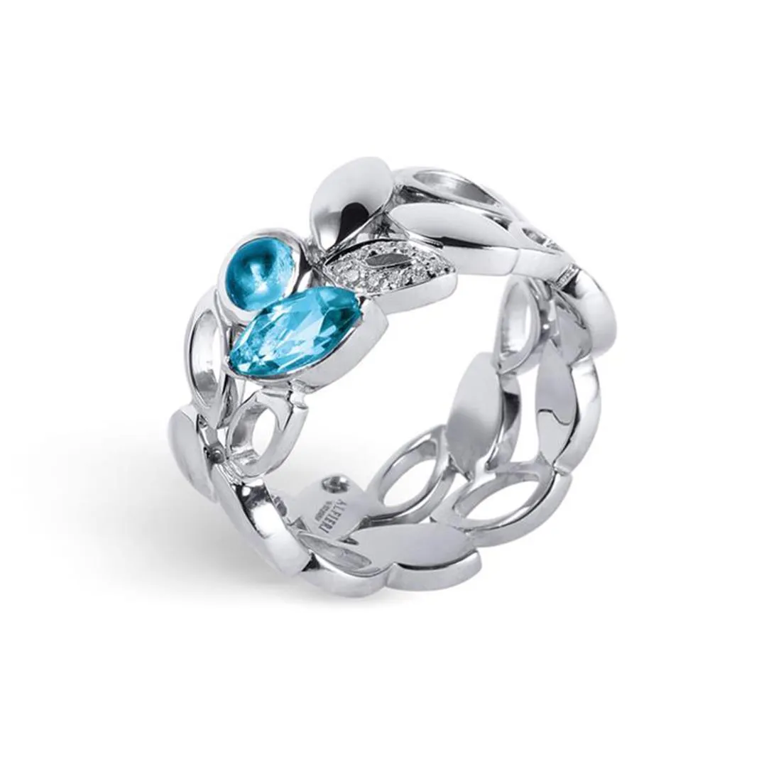 Anello in oro bianco con topazio azzurro e diamanti