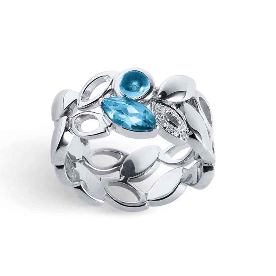 Anello in oro bianco con topazio azzurro e diamanti