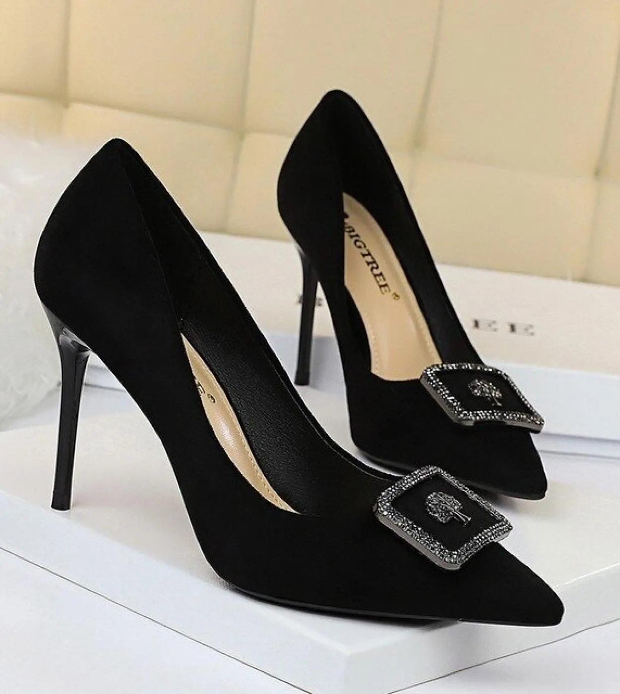 Bigtree Décolleté da donna Eleganti scarpe con tacco alto in camoscio con strass Scarpe con tacco alto in metallo con fibbia qua