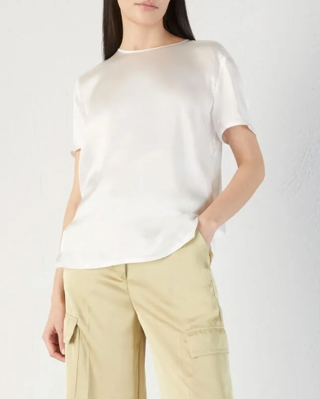 Blusa bianca in raso di seta con maniche corte