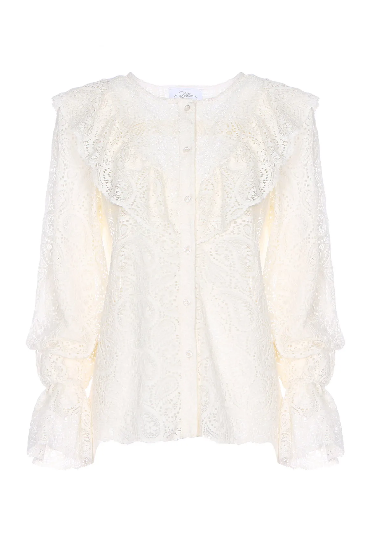 Camicia donna con ricami con rouches e manica palloncino con polso elastico chiusura bottoncini