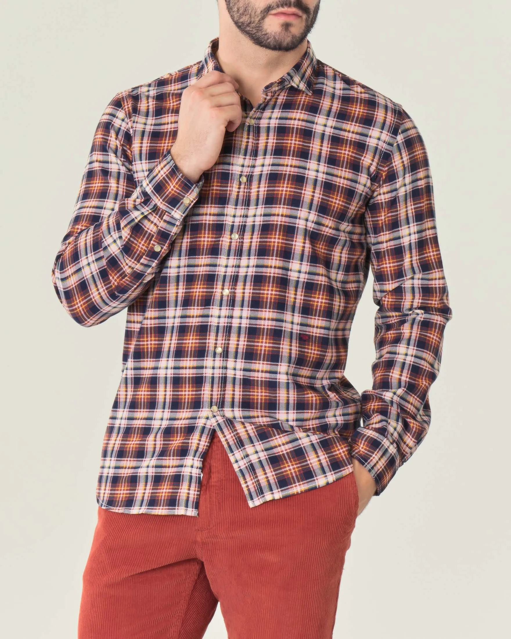 Camicia fantasia check blu bianca e arancione in velluto di cotone a costine