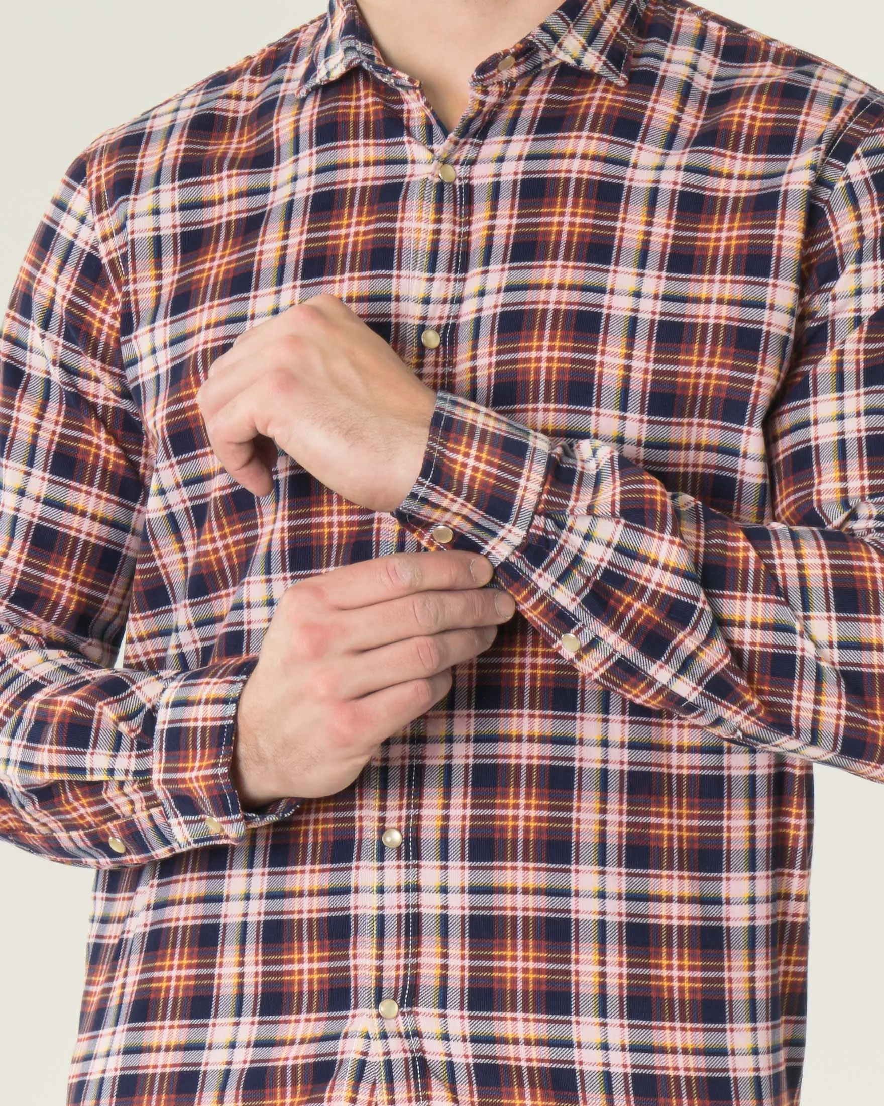 Camicia fantasia check blu bianca e arancione in velluto di cotone a costine