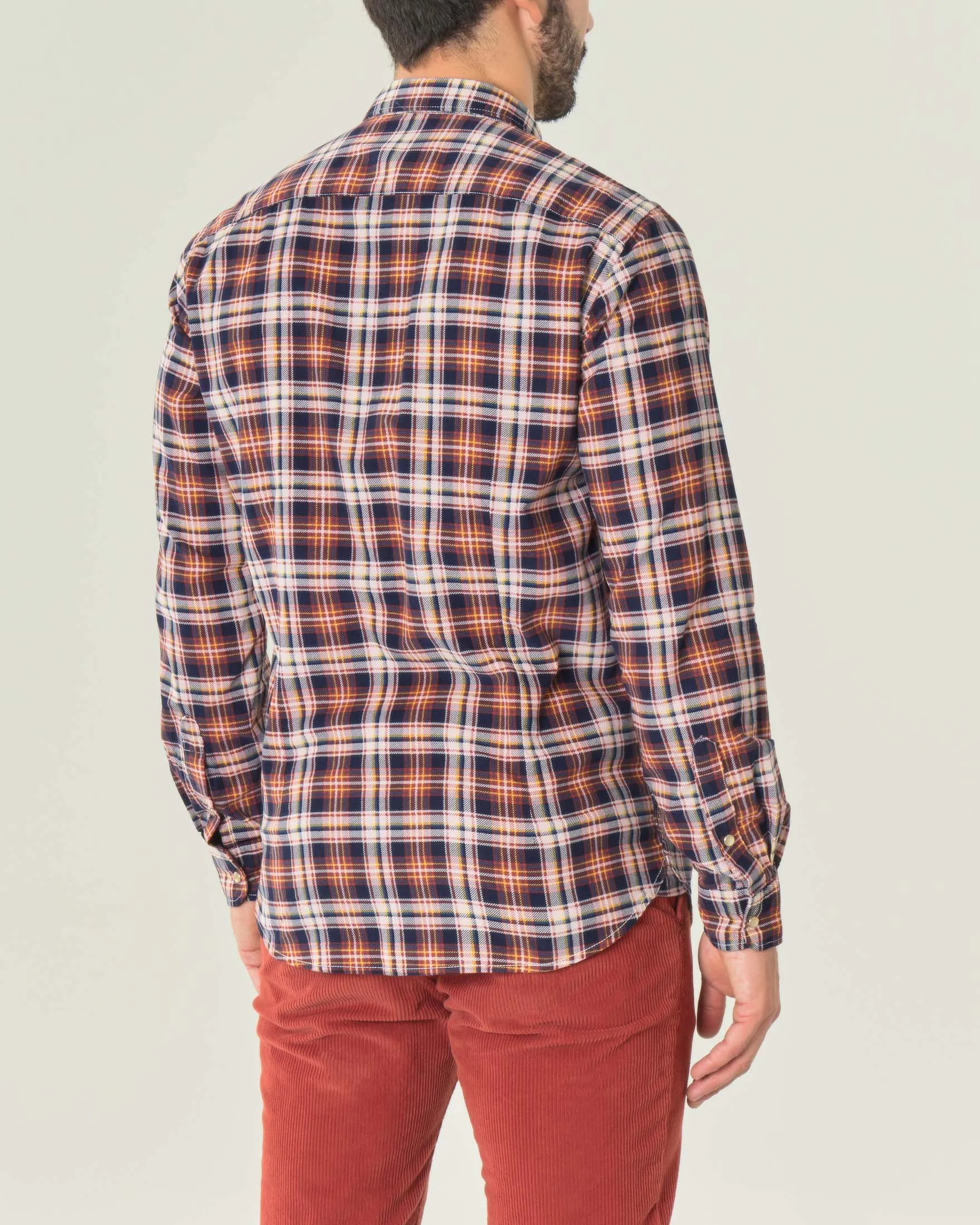 Camicia fantasia check blu bianca e arancione in velluto di cotone a costine