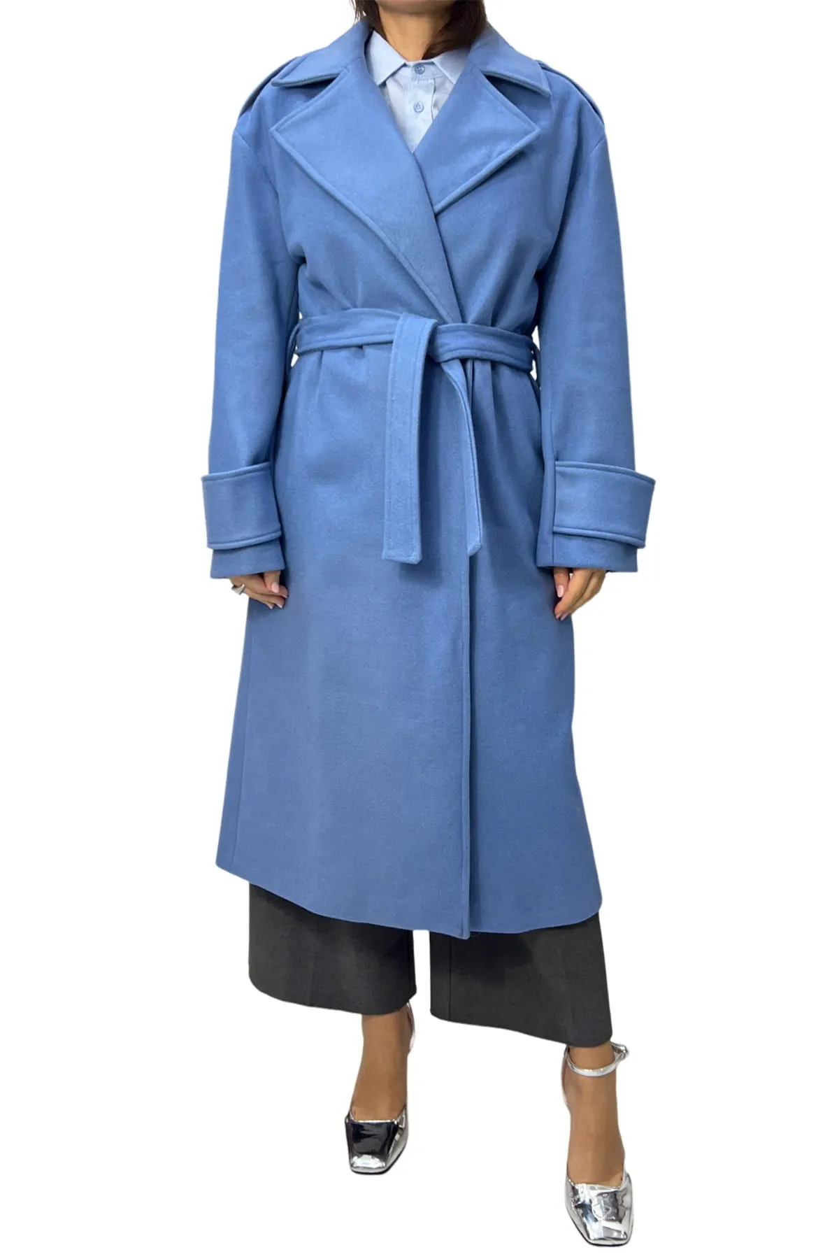 Cappotto donna midi in panno rever a lancia con cintura in tessuto polsino e martingala