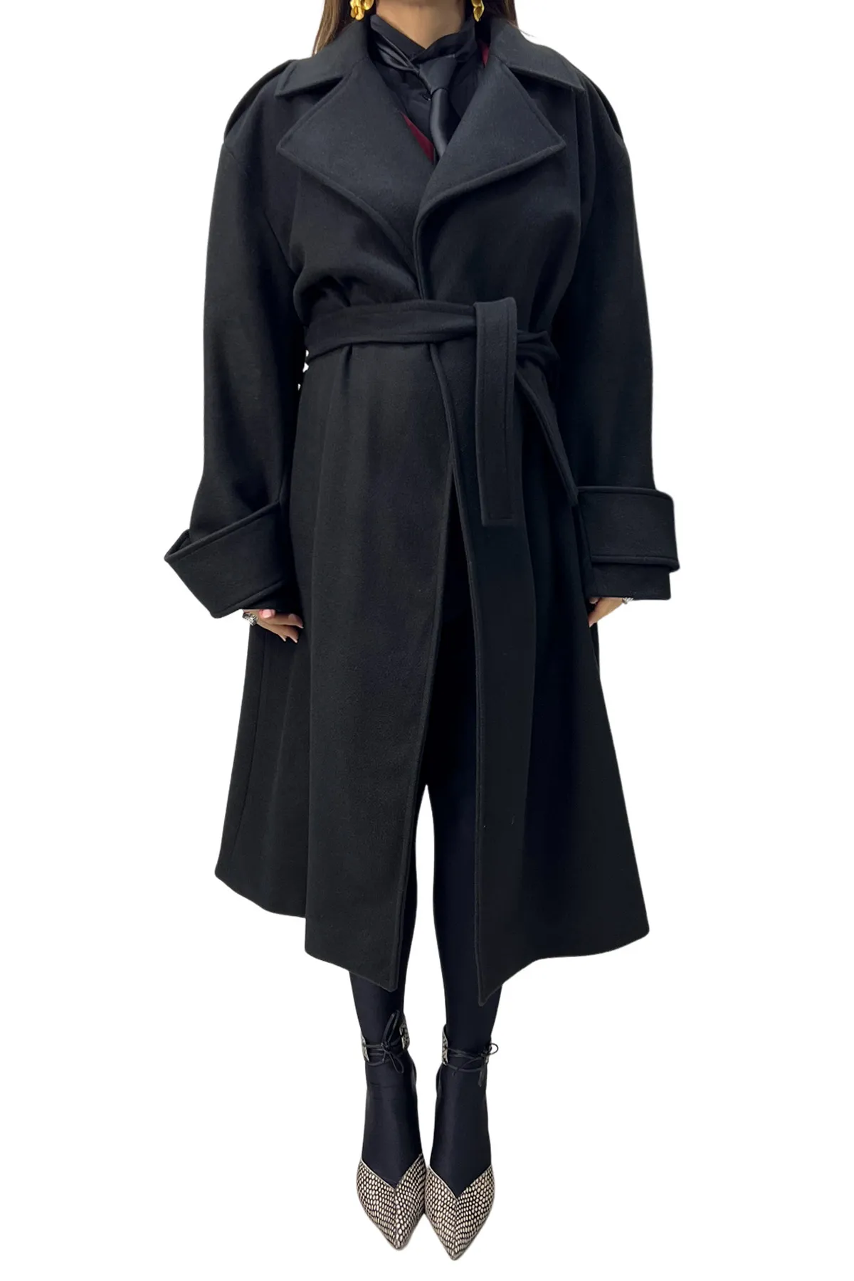 Cappotto donna midi in panno rever a lancia con cintura in tessuto polsino e martingala