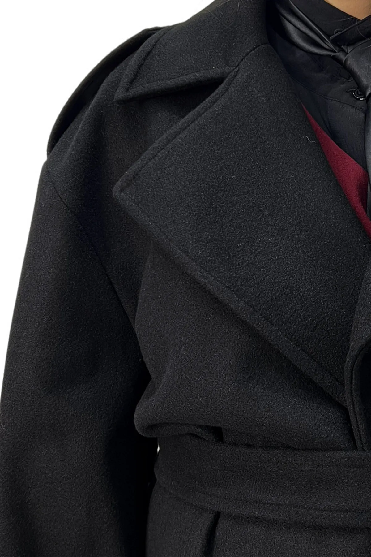 Cappotto donna midi in panno rever a lancia con cintura in tessuto polsino e martingala