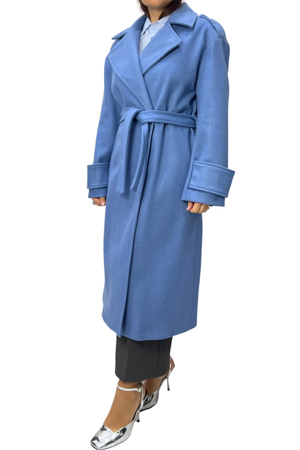 Cappotto donna midi in panno rever a lancia con cintura in tessuto polsino e martingala