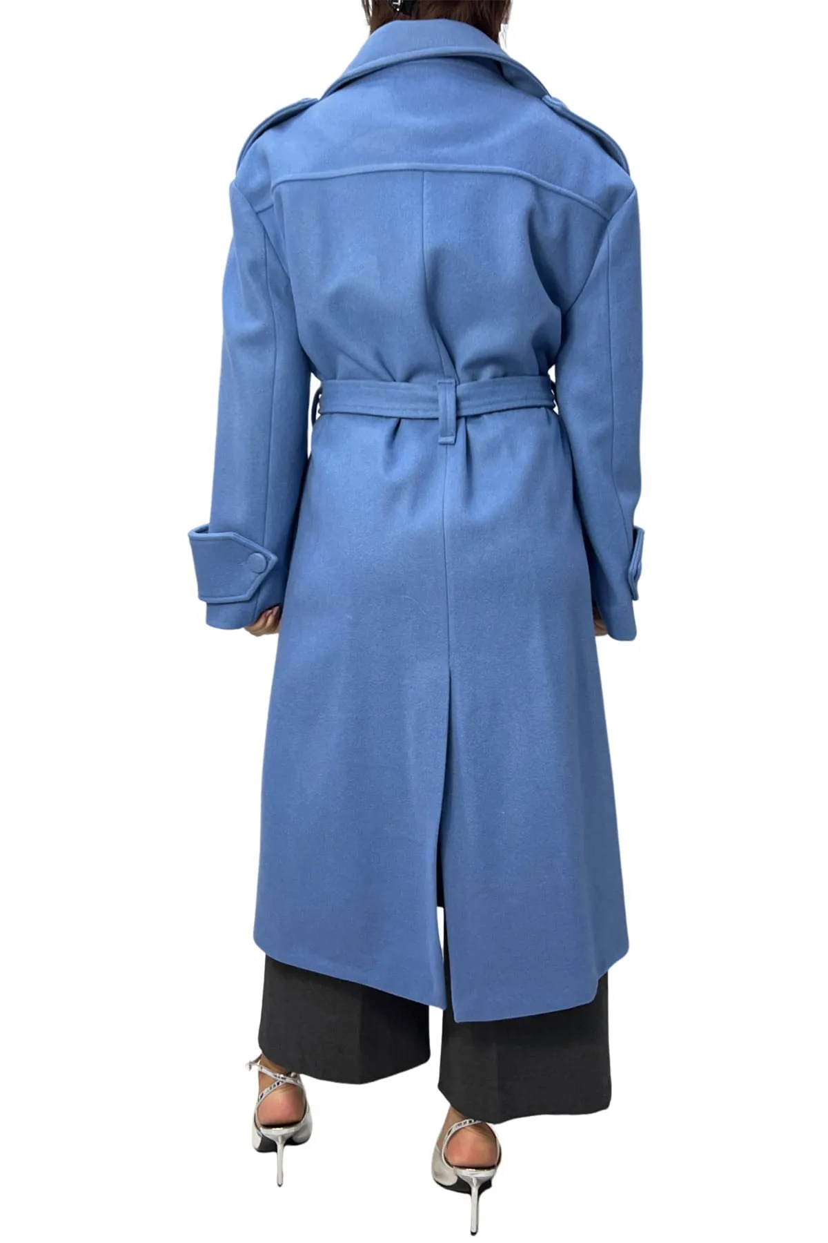 Cappotto donna midi in panno rever a lancia con cintura in tessuto polsino e martingala