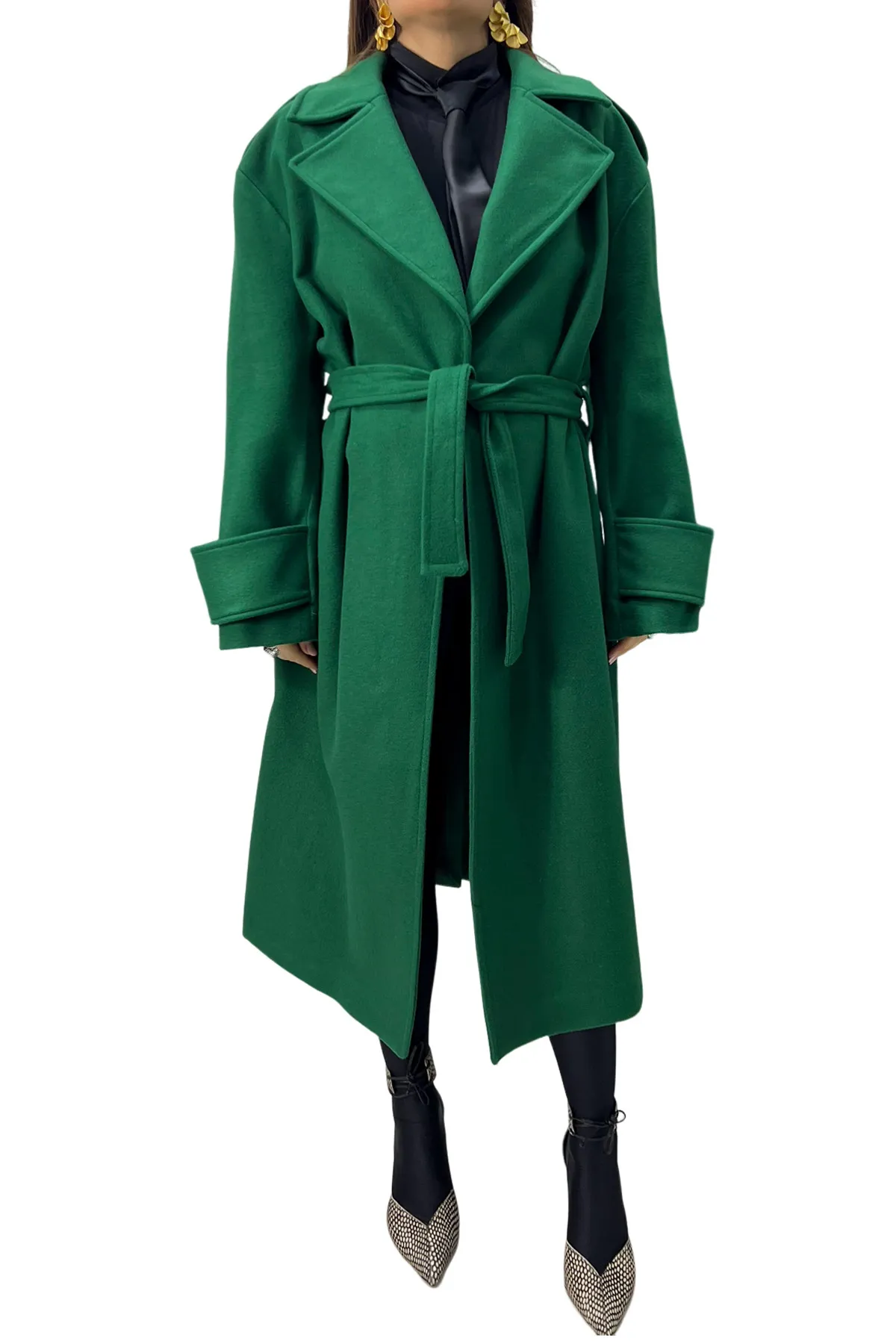 Cappotto donna midi in panno rever a lancia con cintura in tessuto polsino e martingala