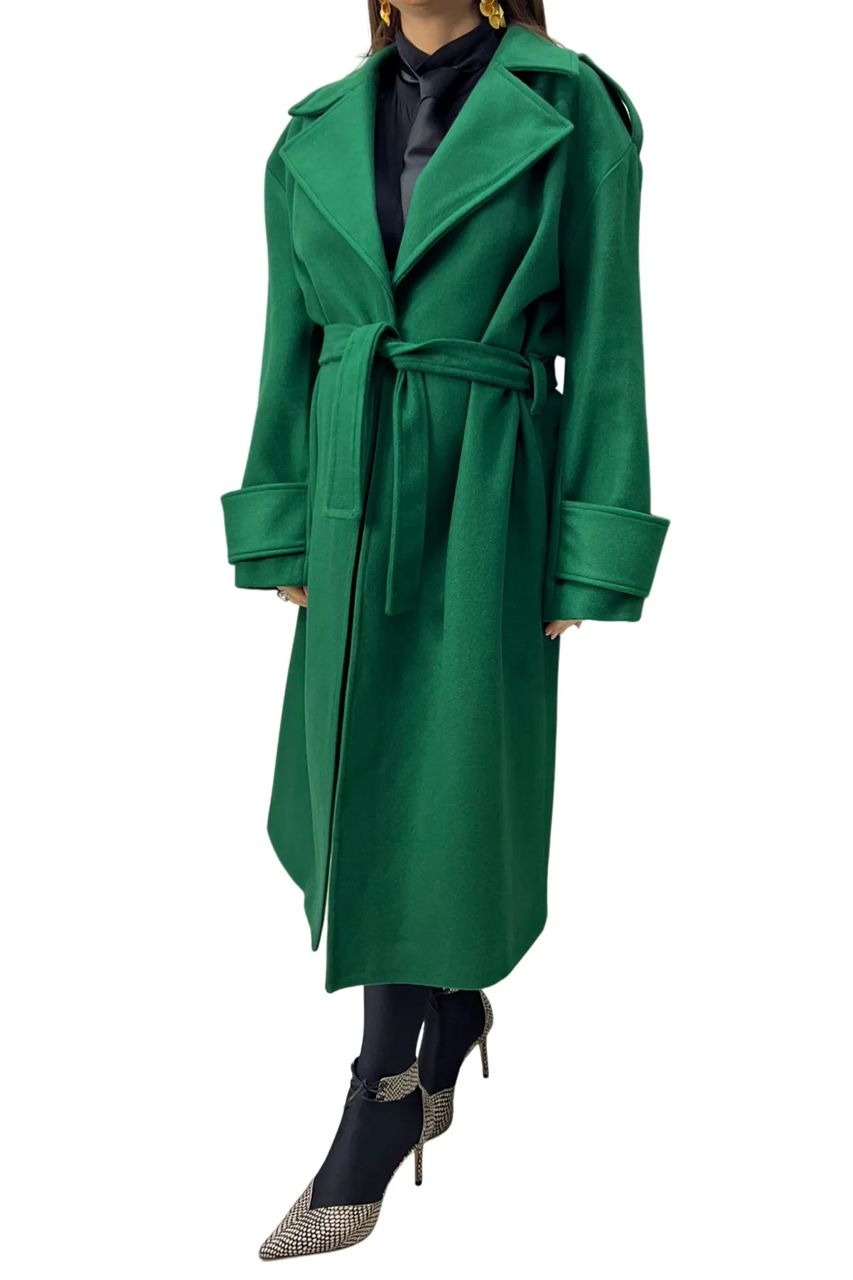 Cappotto donna midi in panno rever a lancia con cintura in tessuto polsino e martingala