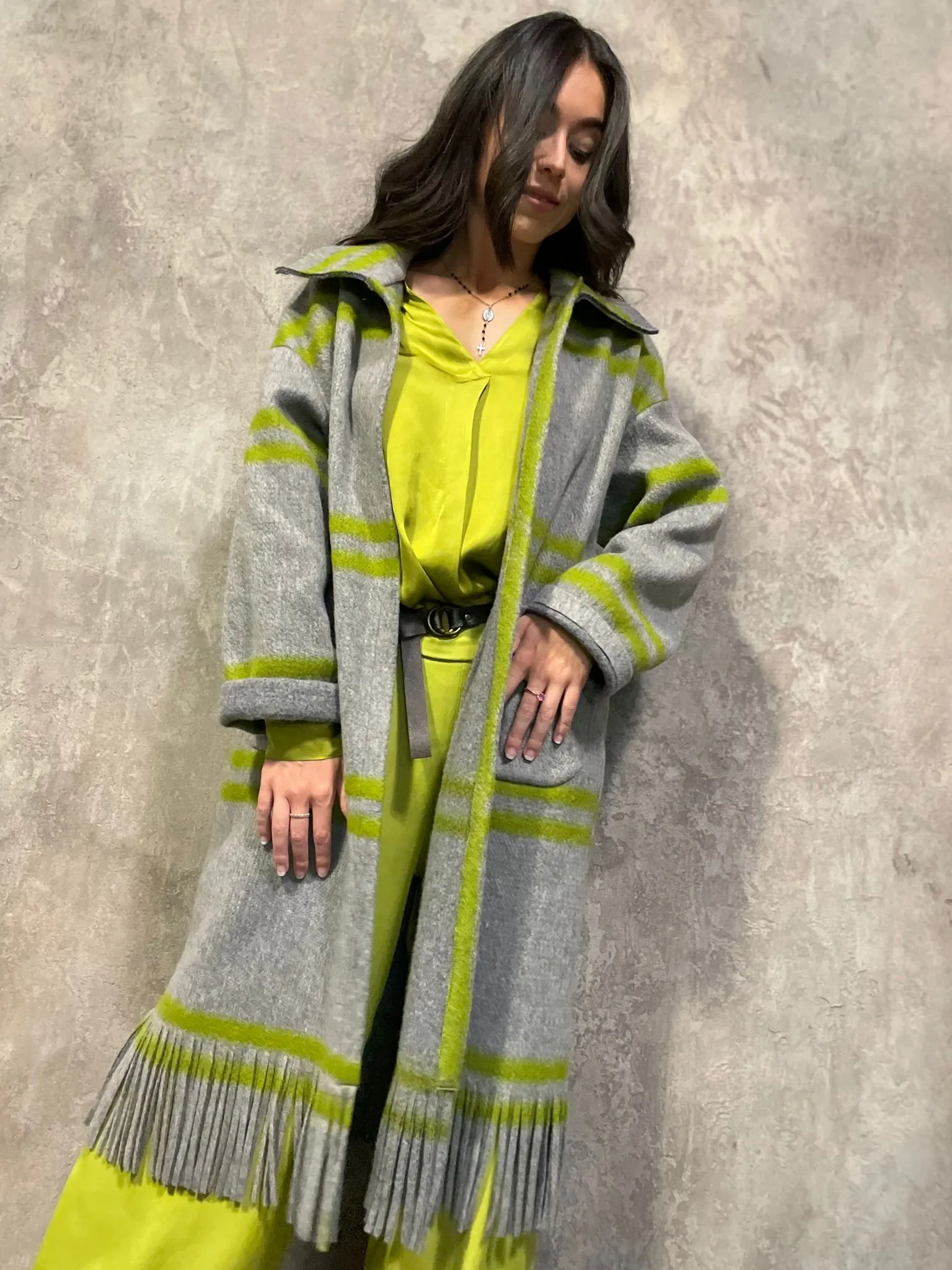 Cappotto Sfoderato Con Frange Grigio/Pistacchio