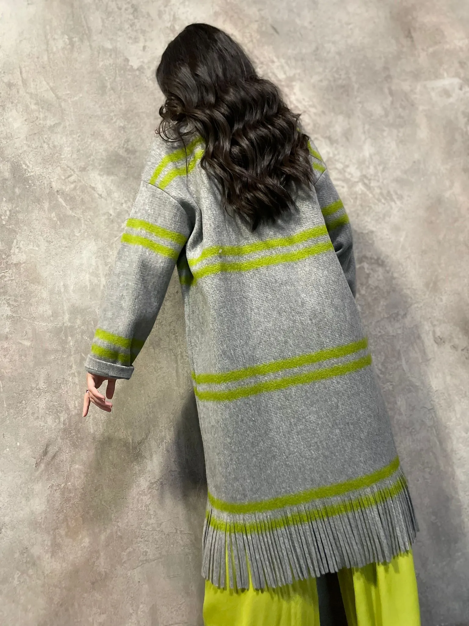 Cappotto Sfoderato Con Frange Grigio/Pistacchio
