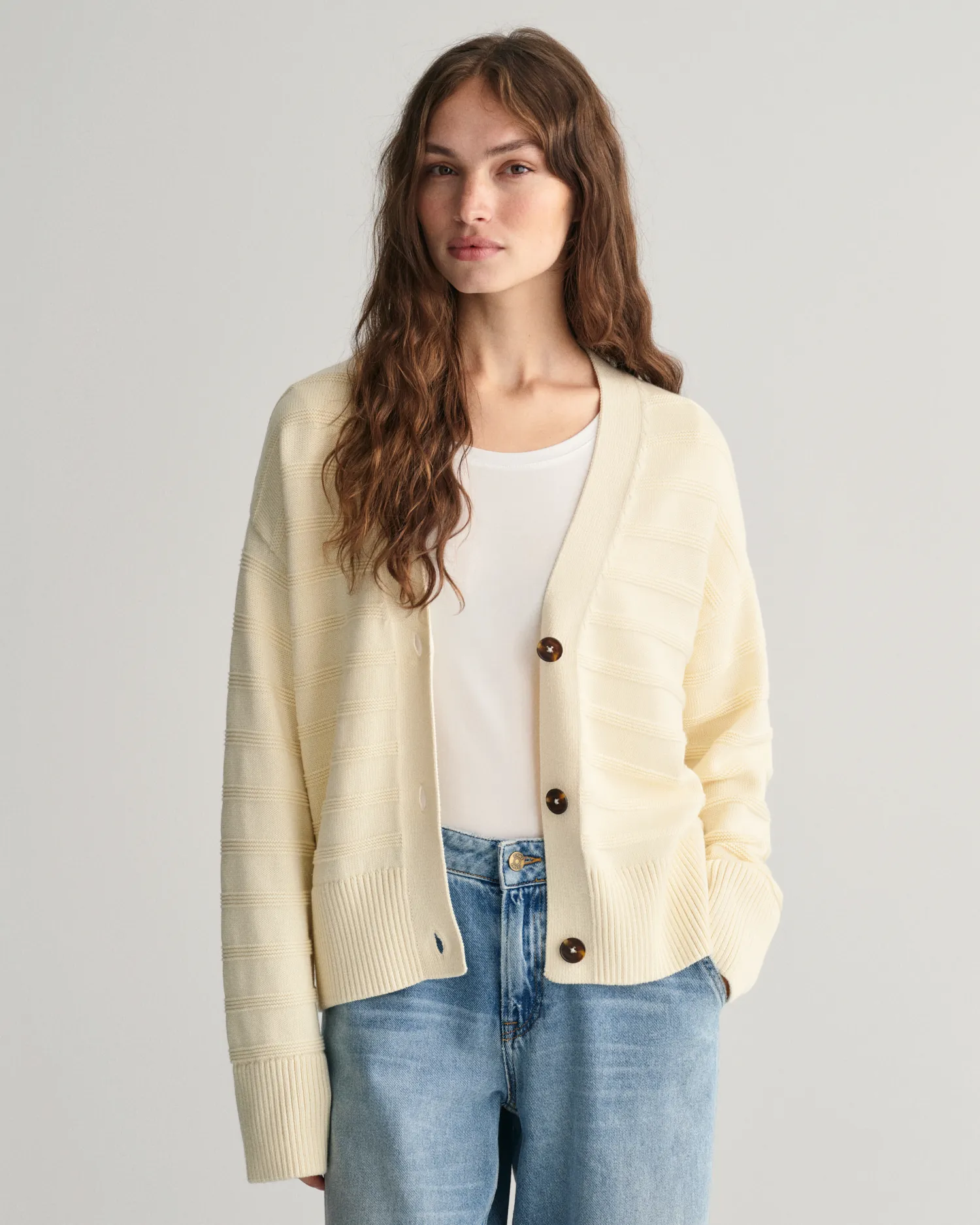 Cardigan in cotone a righe tono su tono    