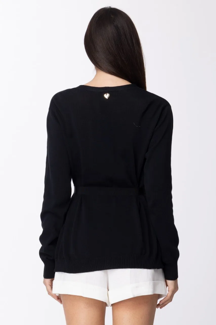 Cardigan in maglia con inserti stampati e fusciacca BIC NERO/ST FIORE INDIANO NERO