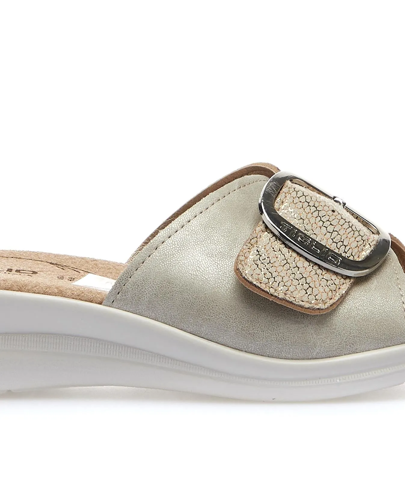 Ciabatte comfort oro con fibbia e zeppina
