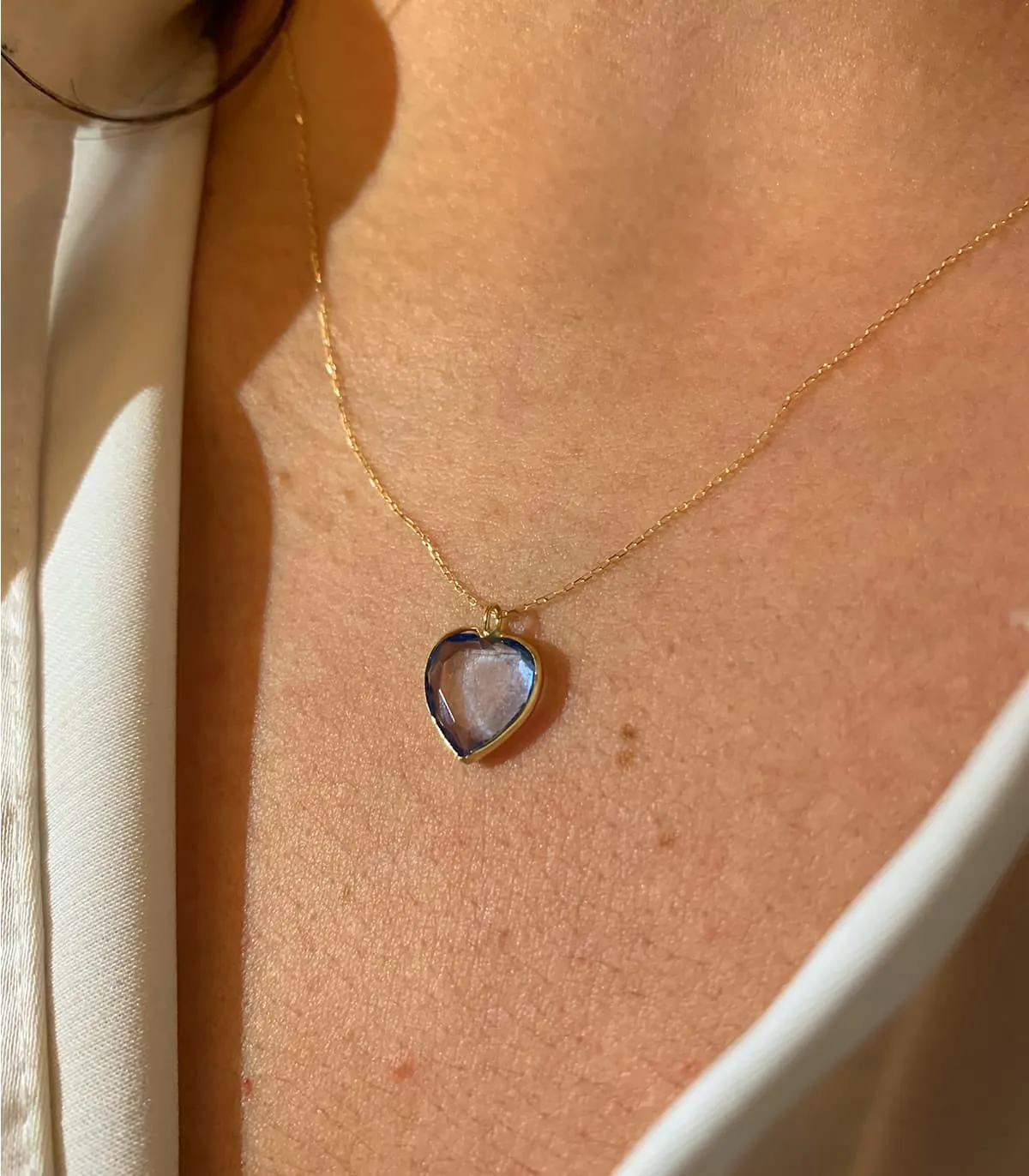Collana Cuore Pietra Quarzo Azzurro Oro Giallo 9kt