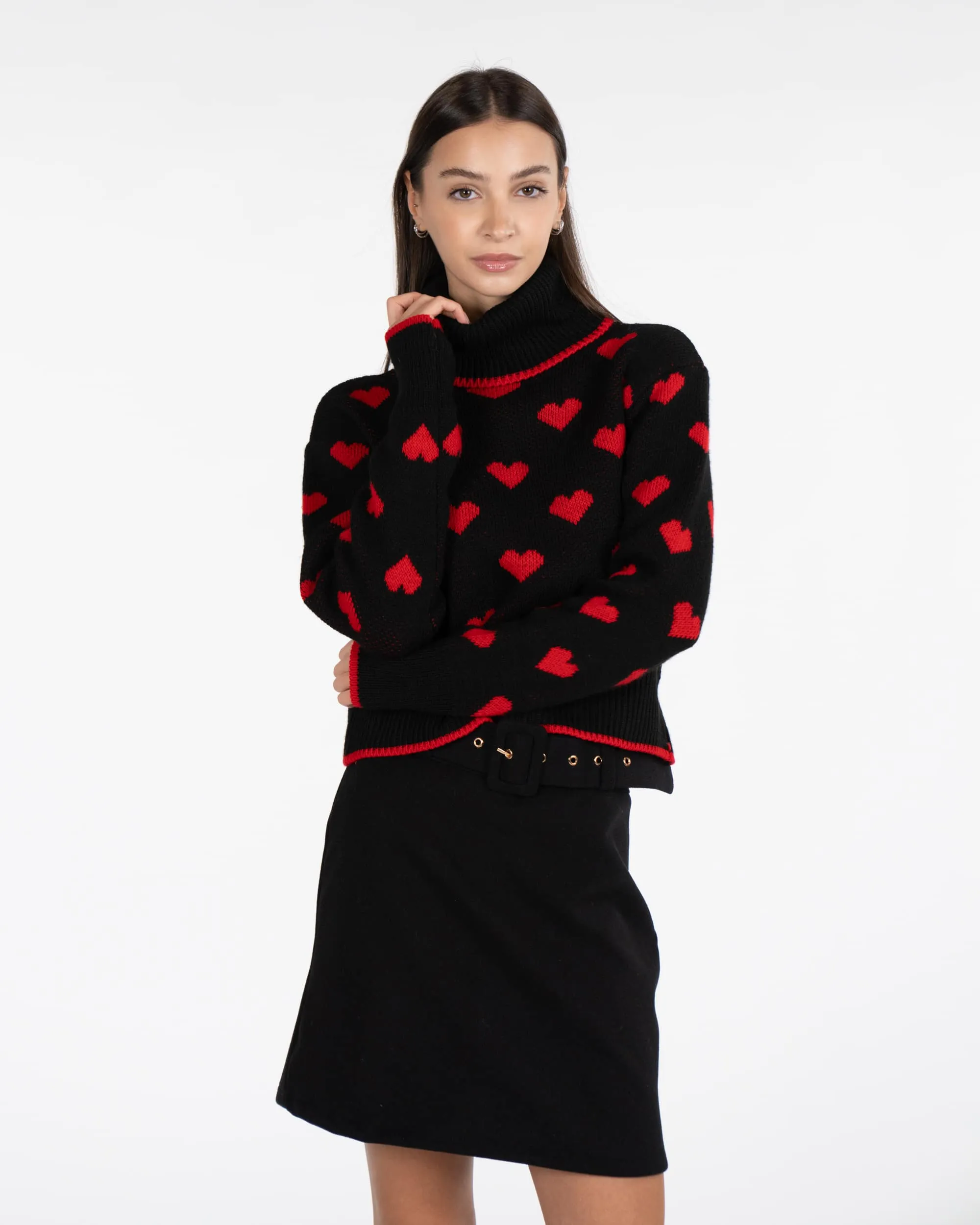 Dolcevita in maglia a cuori - NERO
