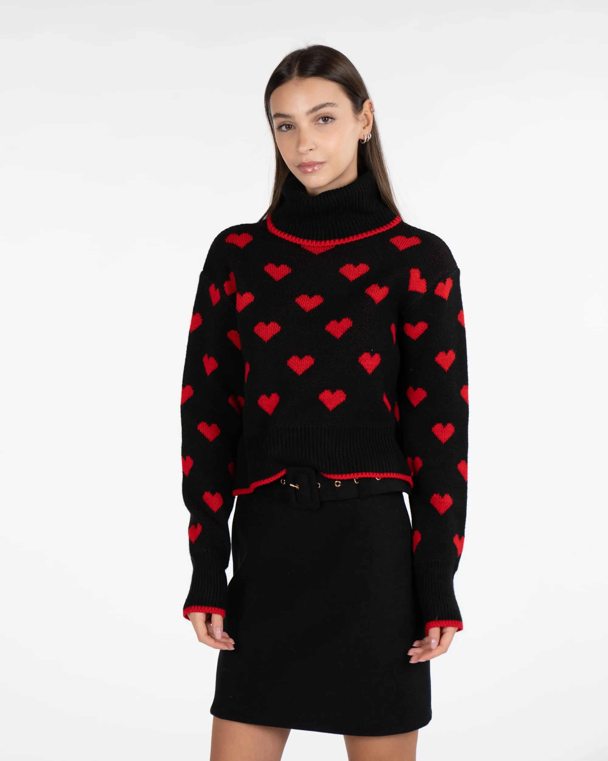 Dolcevita in maglia a cuori - NERO