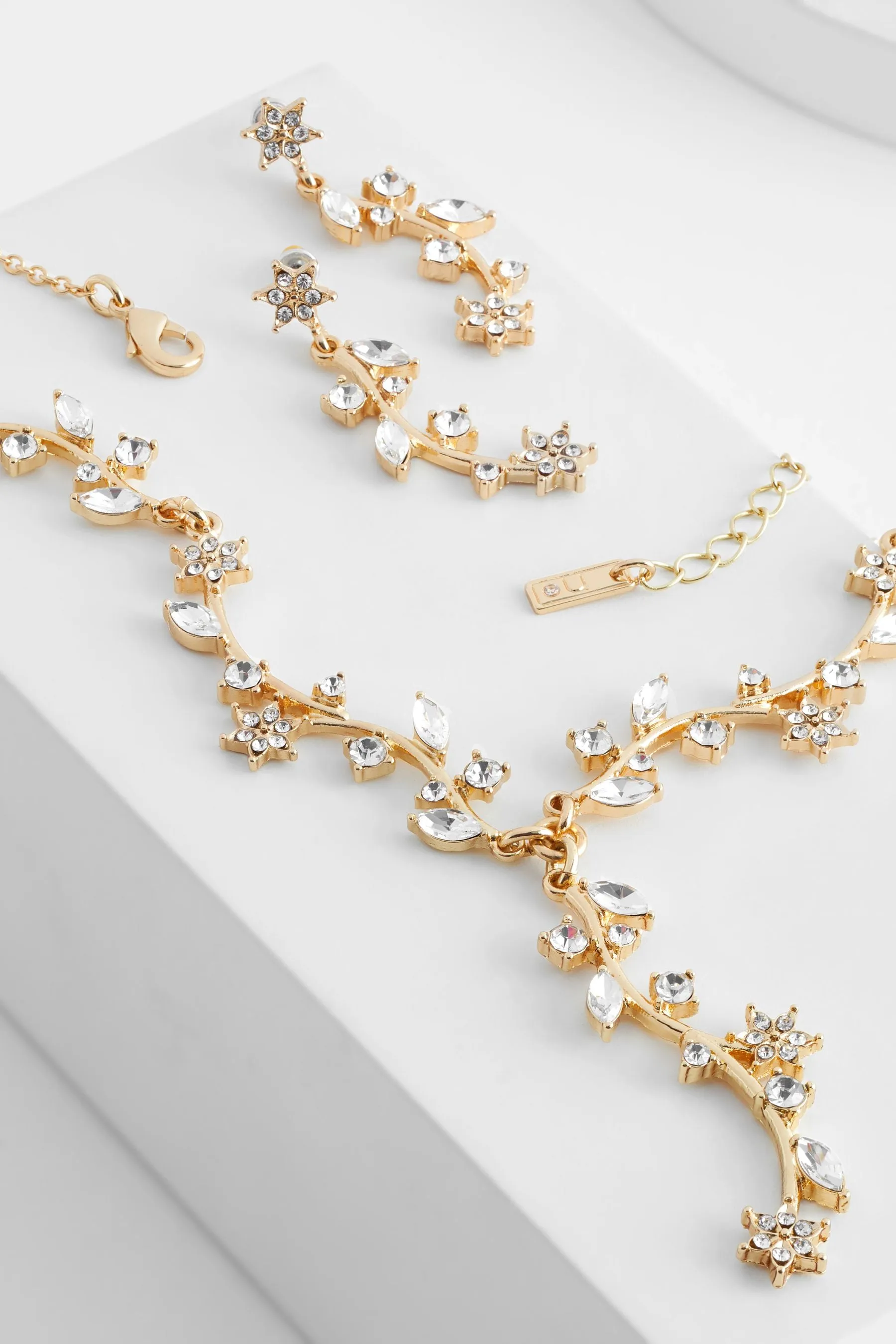 Dorato  - Set con collana a Y e orecchini pendenti con foglie scintillanti