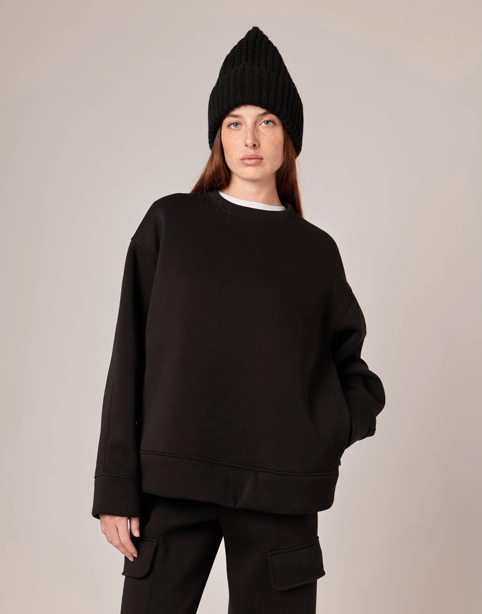 DOUUOD Felpa Girocollo con Tasche Laterali in Felpa Soft Nera