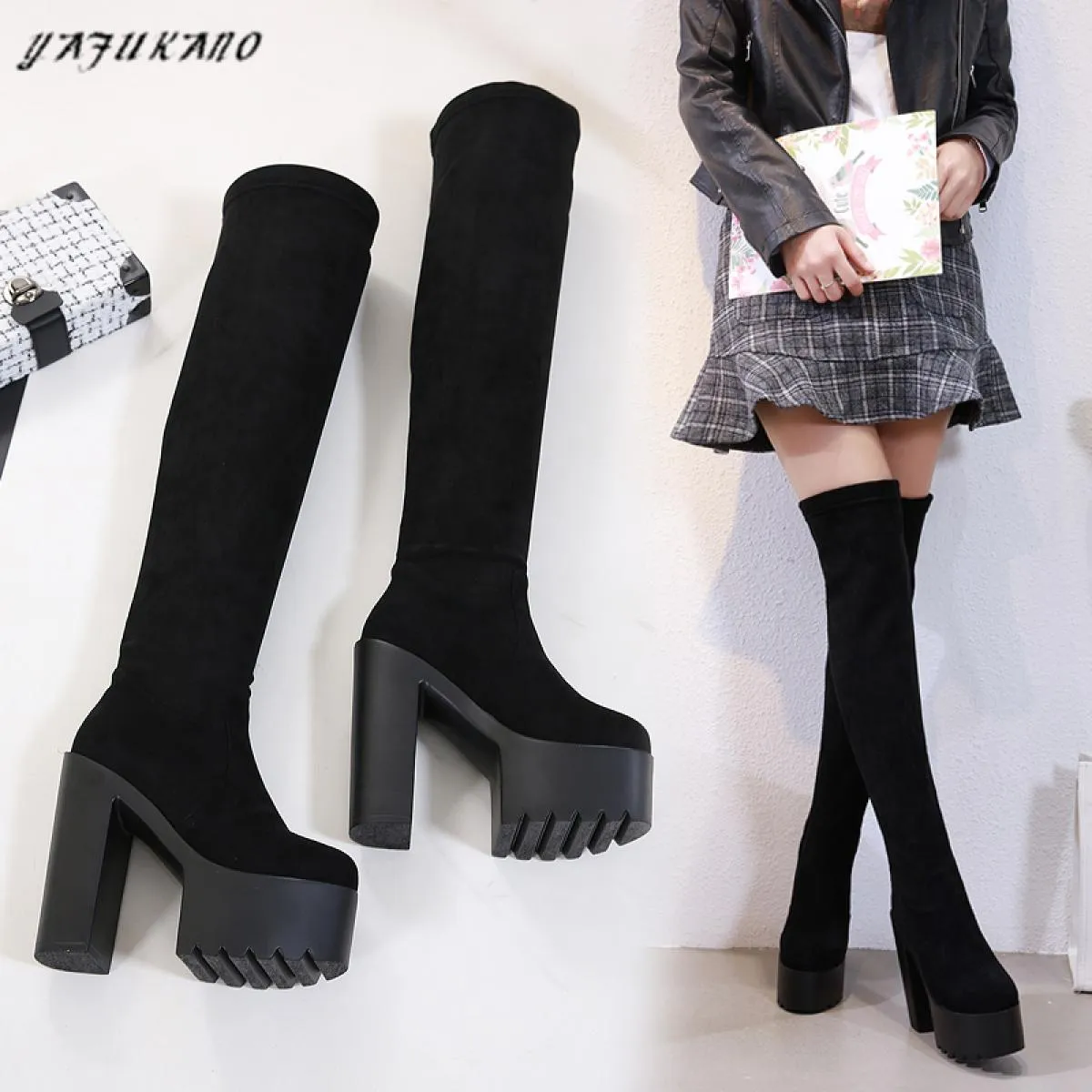 E stivali sopra il ginocchio Stivali lunghi con tacco super alto da 15 cm Nuovi stivali da donna con tubo da stufa Stivale elast