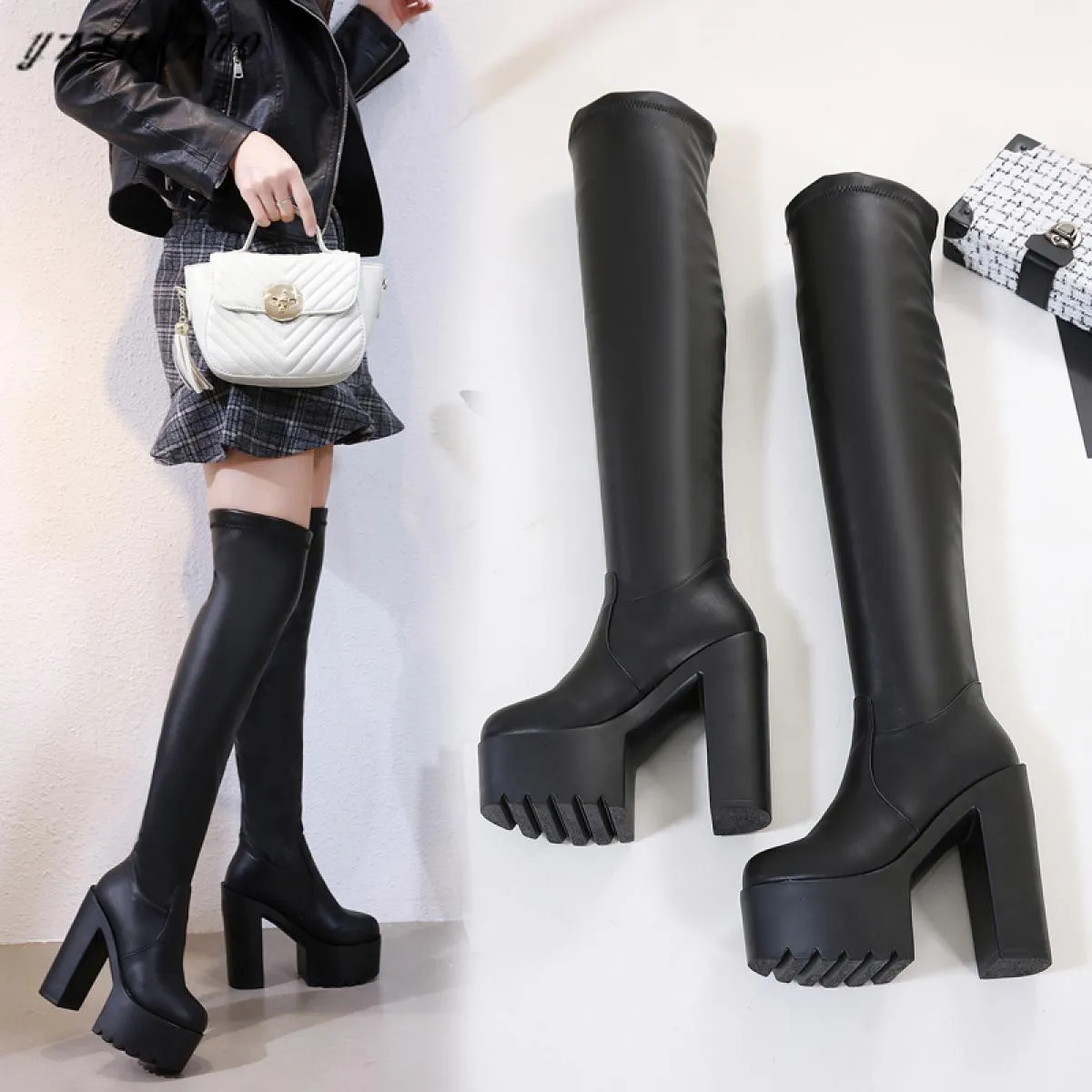E stivali sopra il ginocchio Stivali lunghi con tacco super alto da 15 cm Nuovi stivali da donna con tubo da stufa Stivale elast