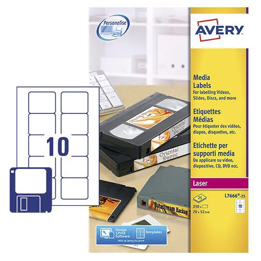 Foglio di etichette per CD e DVD Avery, 25 unità, col. Bianco