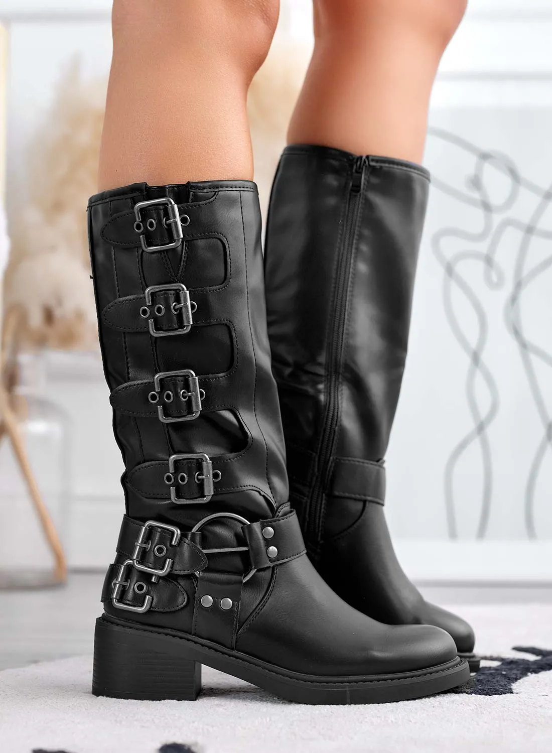 JACKIE - Stivali neri biker con fibbie