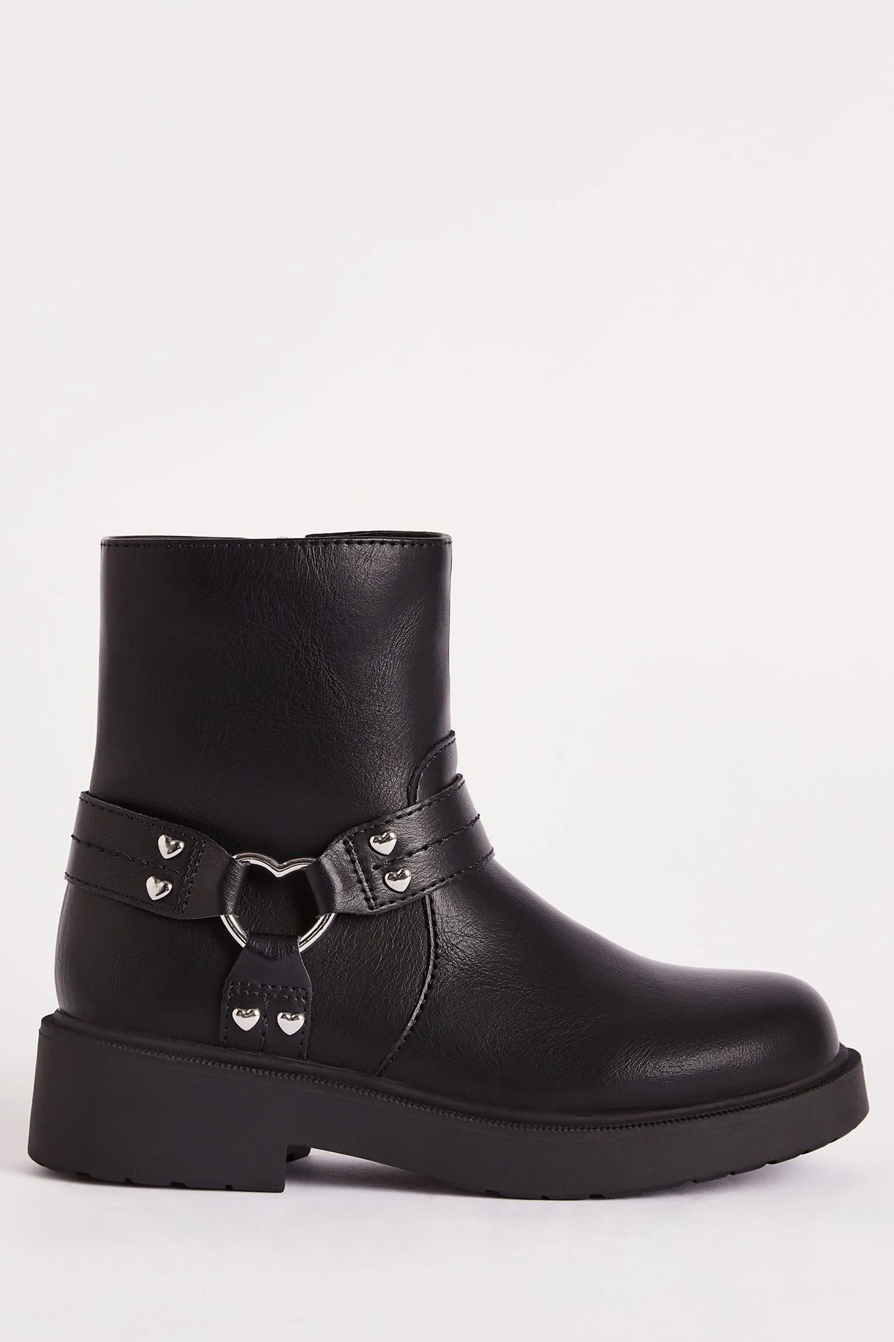 Lipsy Heart Buckle Biker Faux Leather Flat Ankle Boot    