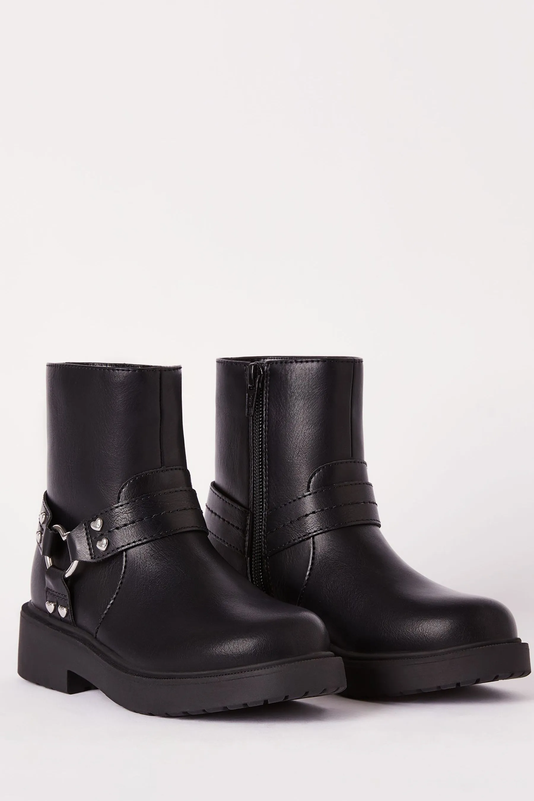 Lipsy Heart Buckle Biker Faux Leather Flat Ankle Boot    
