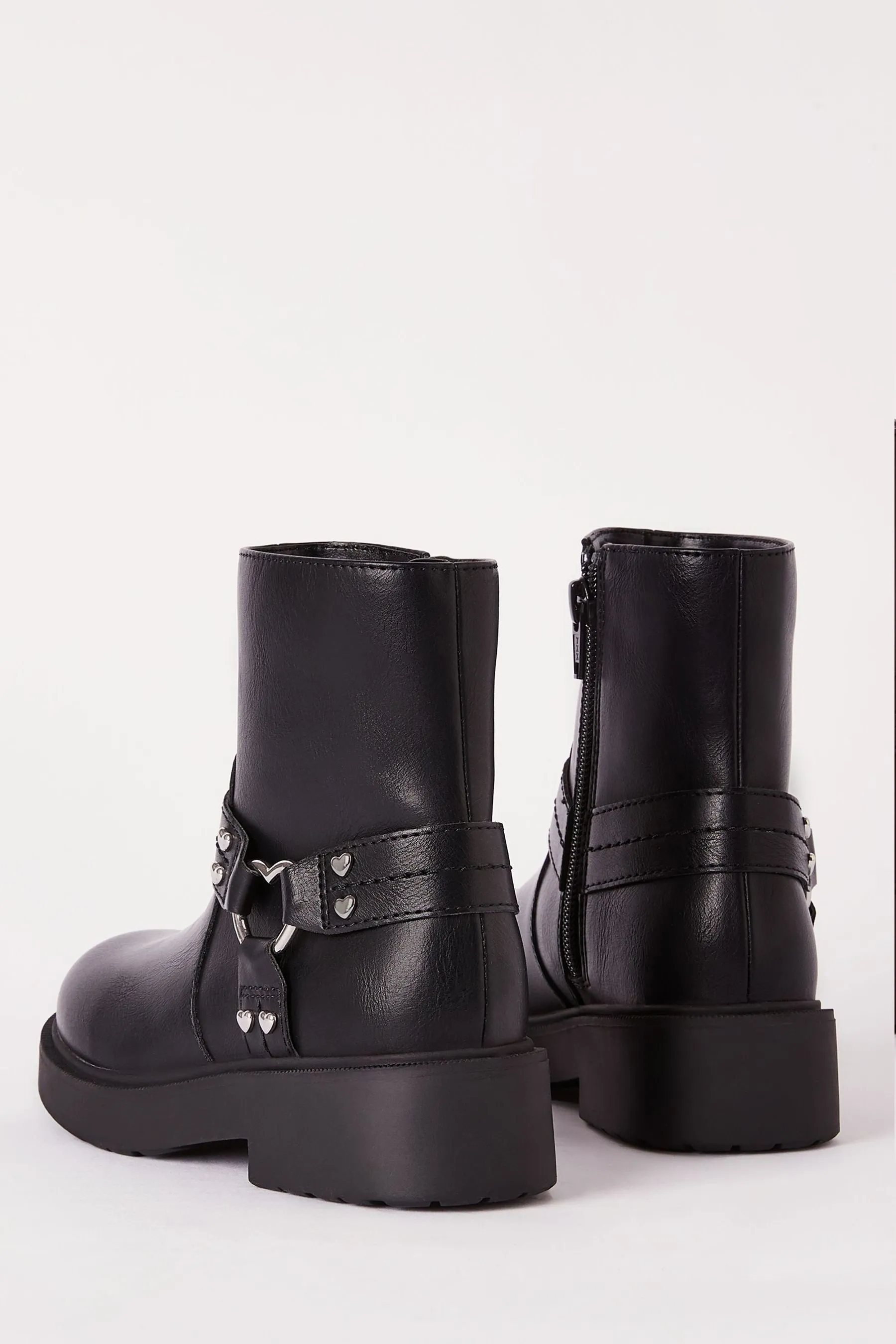 Lipsy Heart Buckle Biker Faux Leather Flat Ankle Boot    