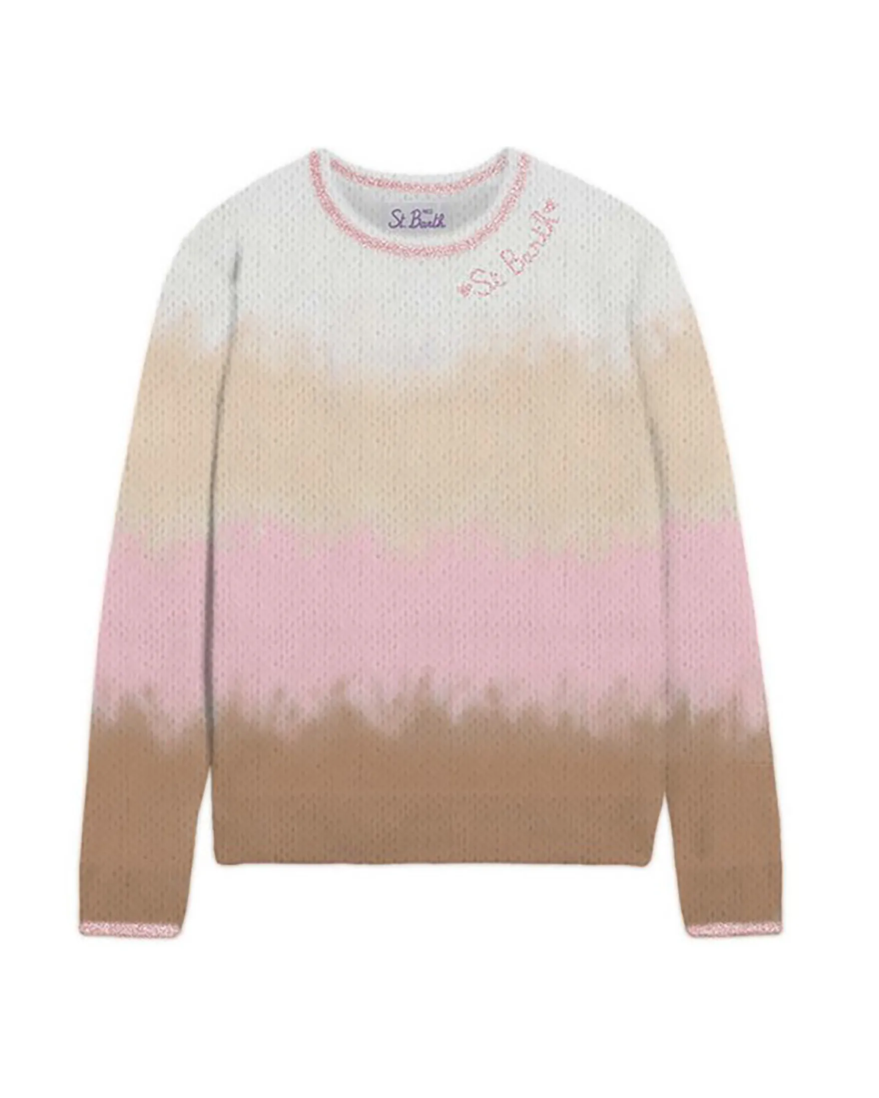 Maglia girocollo bianca rosa e beige in misto alpaca con logo lurex 6-8 anni