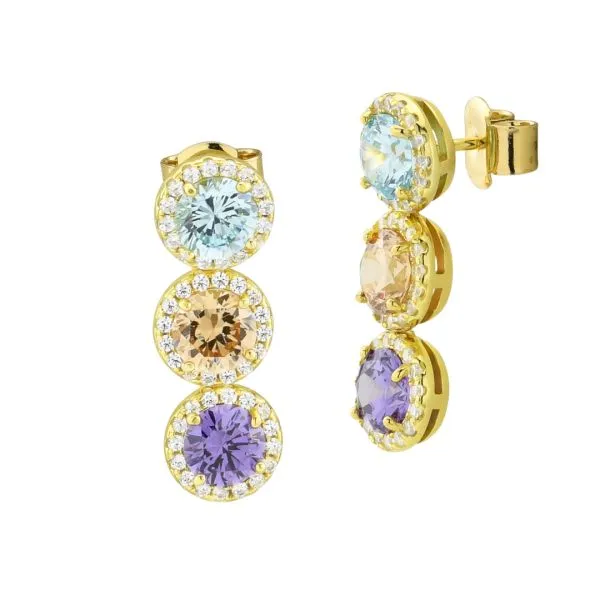OR827DM Orecchini oro giallo pendenti con cristalli acquamarina, pesca, tanzanite circondati da zirconi    