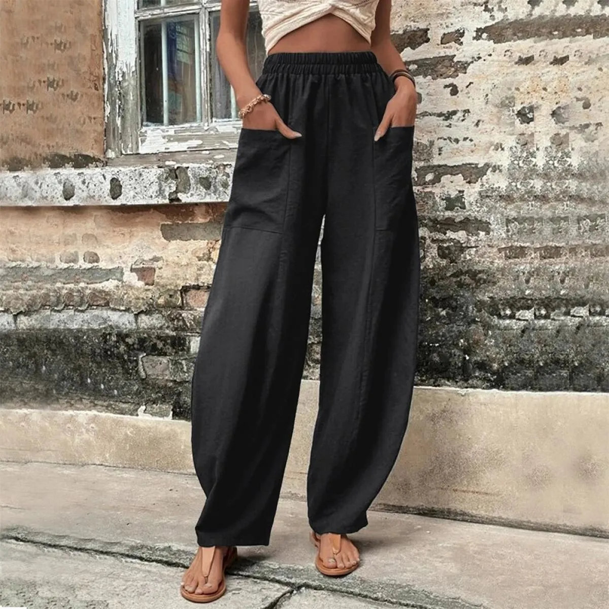 Pantaloni larghi in lino di cotone per donna pantaloni con tasca cargo moda pantaloni lunghi in vita elastica alta Vintage estat