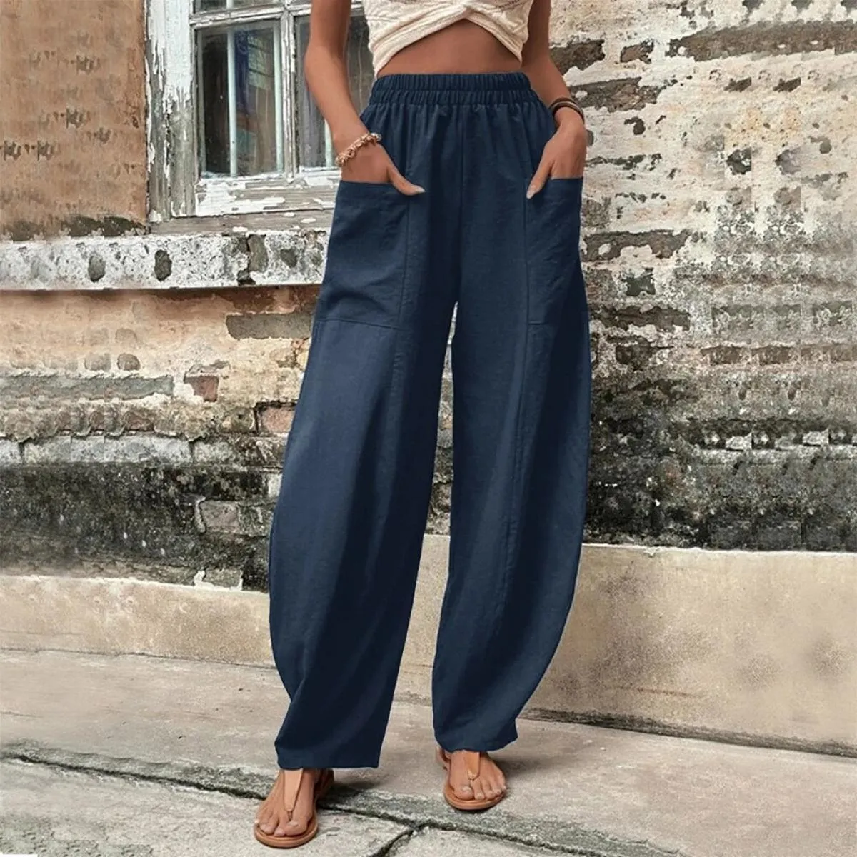 Pantaloni larghi in lino di cotone per donna pantaloni con tasca cargo moda pantaloni lunghi in vita elastica alta Vintage estat