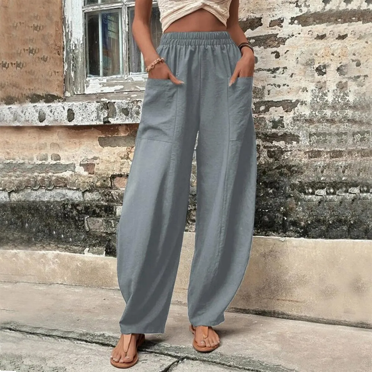 Pantaloni larghi in lino di cotone per donna pantaloni con tasca cargo moda pantaloni lunghi in vita elastica alta Vintage estat