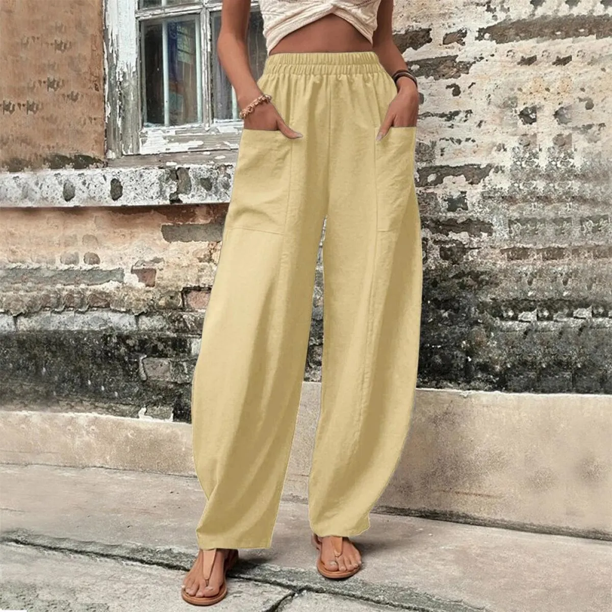Pantaloni larghi in lino di cotone per donna pantaloni con tasca cargo moda pantaloni lunghi in vita elastica alta Vintage estat