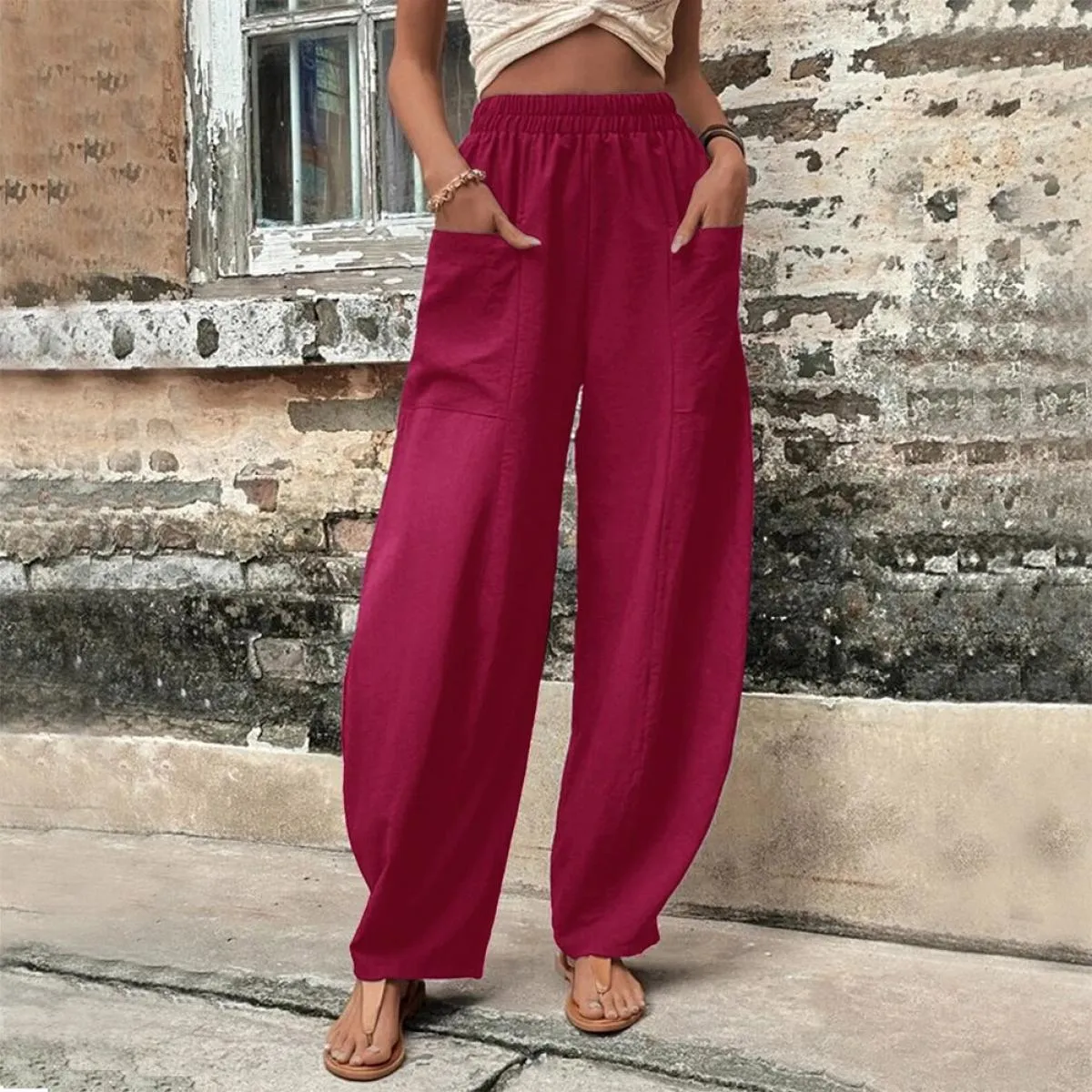 Pantaloni larghi in lino di cotone per donna pantaloni con tasca cargo moda pantaloni lunghi in vita elastica alta Vintage estat