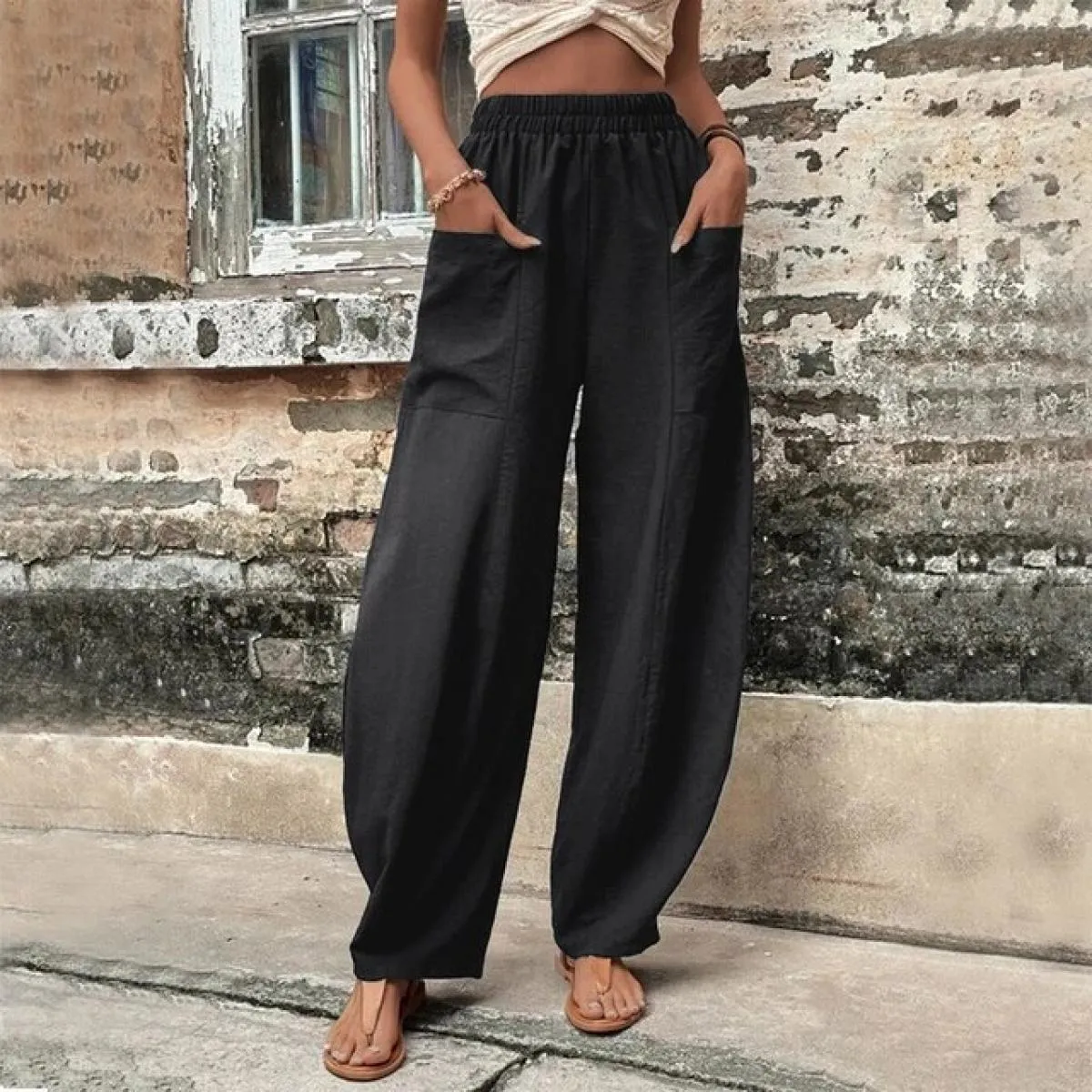 Pantaloni larghi in lino di cotone per donna pantaloni con tasca cargo moda pantaloni lunghi in vita elastica alta Vintage estat