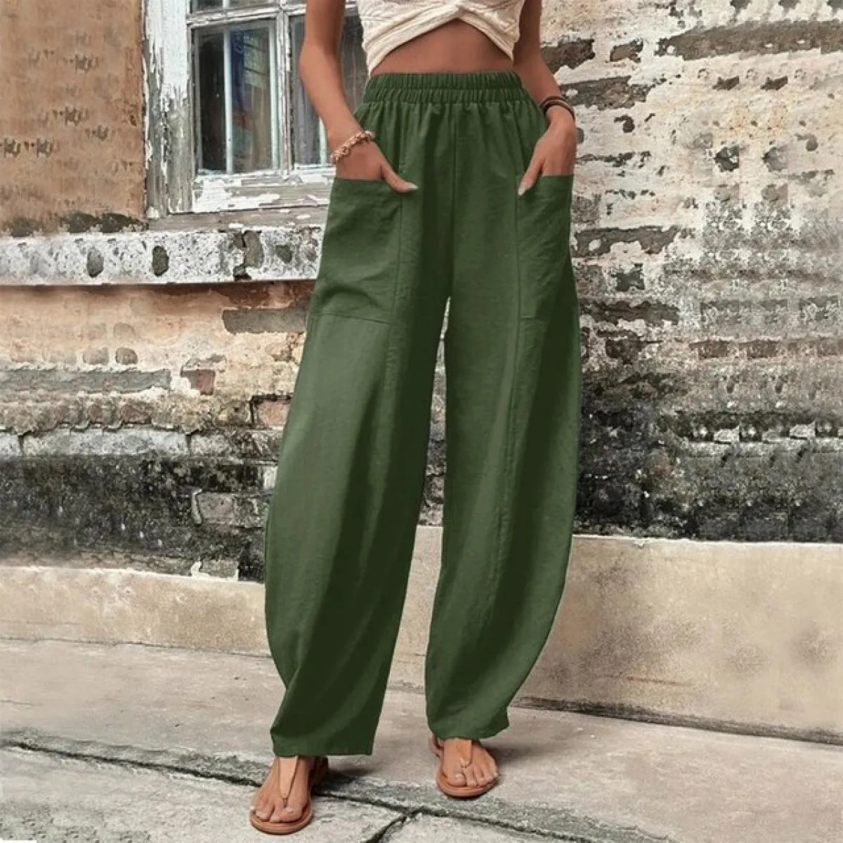 Pantaloni larghi in lino di cotone per donna pantaloni con tasca cargo moda pantaloni lunghi in vita elastica alta Vintage estat