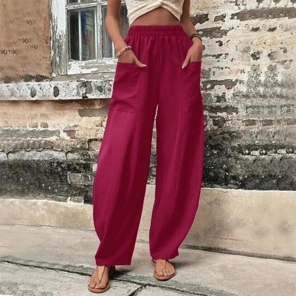 Pantaloni larghi in lino di cotone per donna pantaloni con tasca cargo moda pantaloni lunghi in vita elastica alta Vintage estat