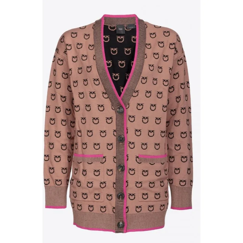 PINKO cardigan LAMA jacquard con logo CAMMELLO/NERO/FUXIA
