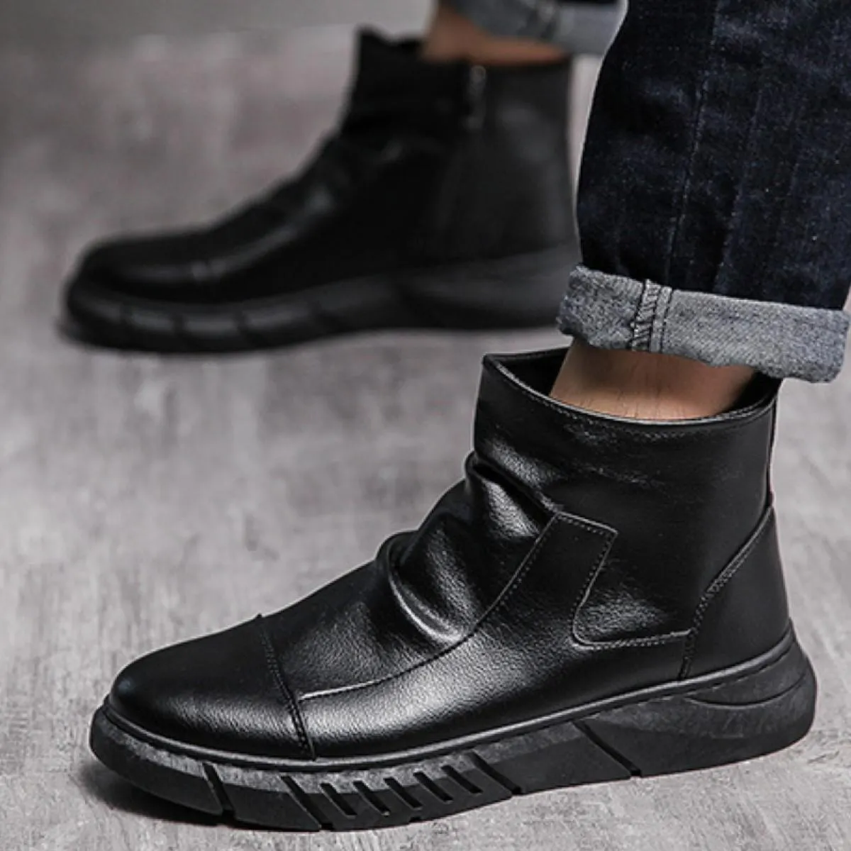 Stivali da uomo in pelle di grandi dimensioni Stivali con plateau comfort con fondo morbido Stivali da lavoro con cerniera later