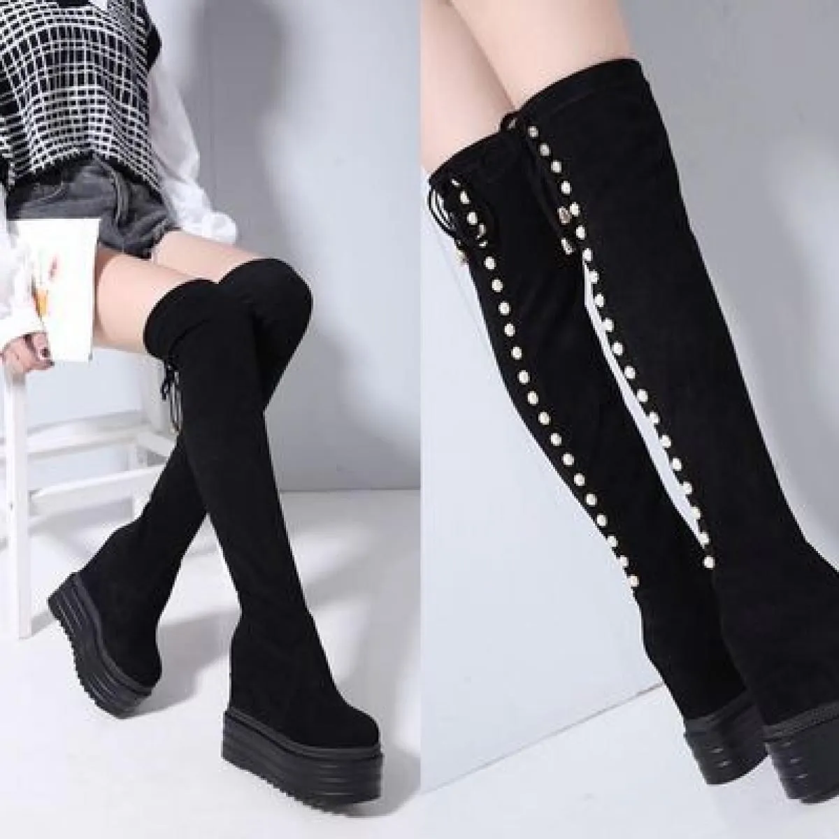 Stivali sopra il ginocchio Lady 2023 Nuove zeppe da 13 cm Aumentano all'interno di stivali lunghi Gambe sottili Stivali da donna
