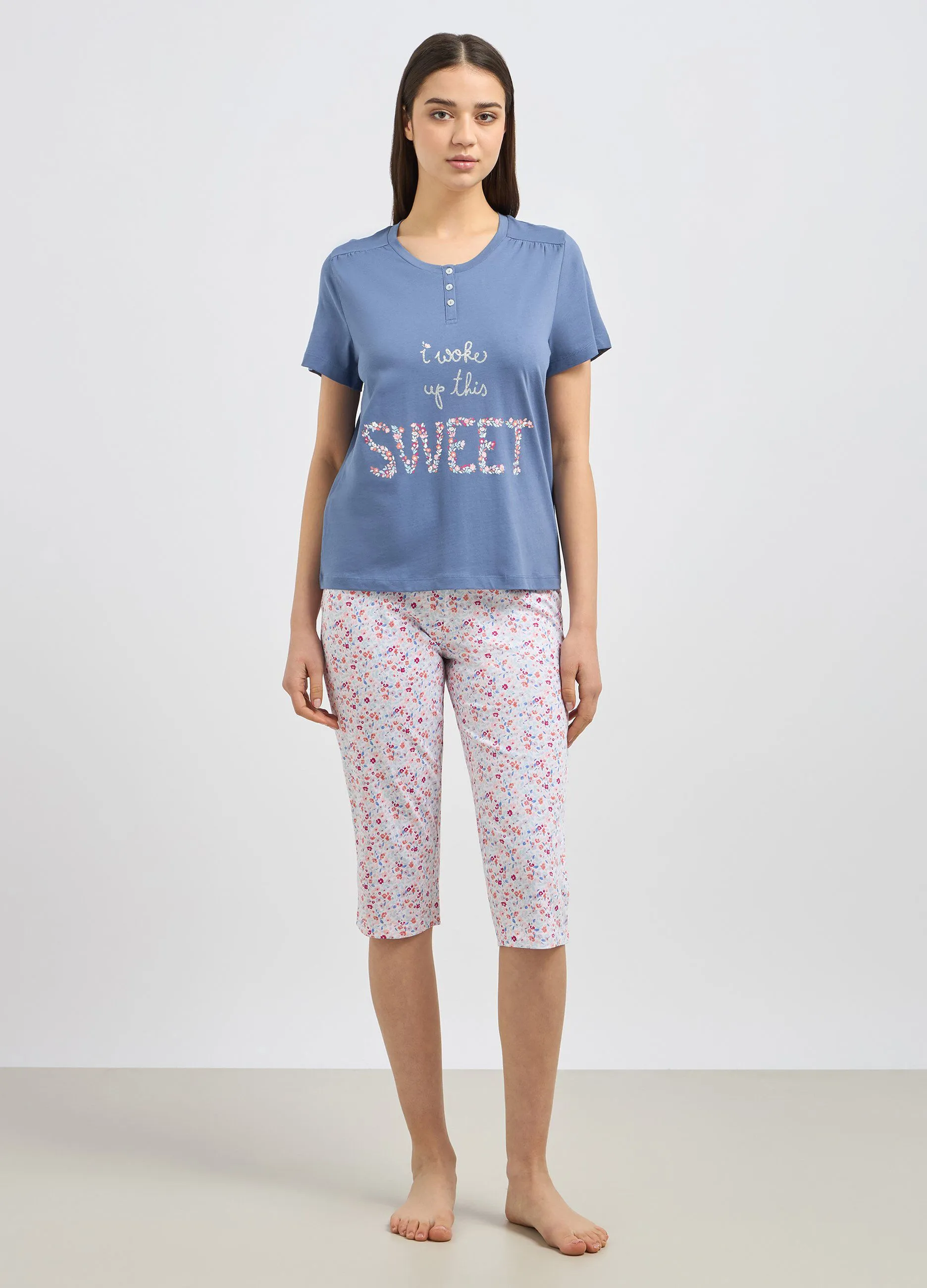 Top pigiama a maniche corte in puro cotone donna