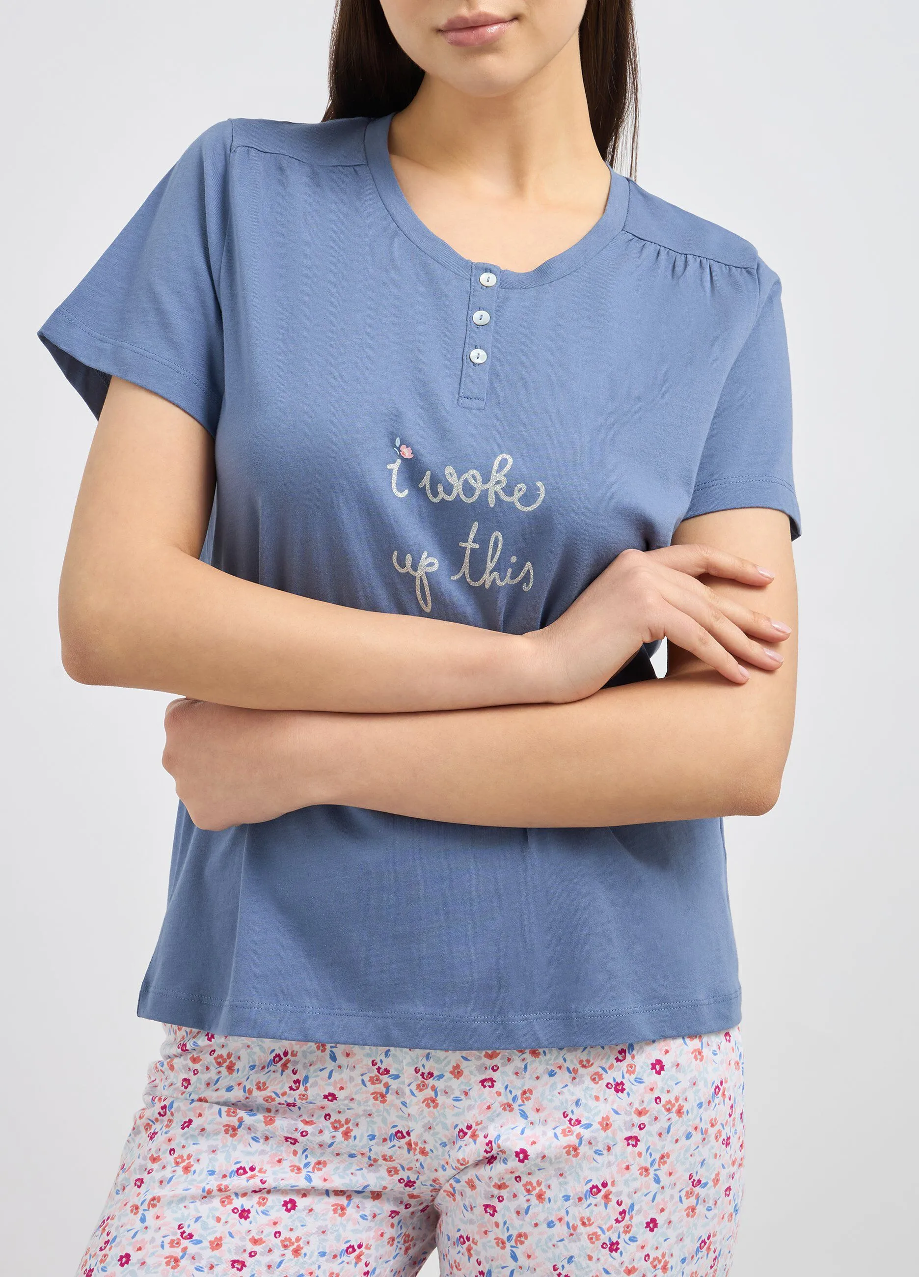 Top pigiama a maniche corte in puro cotone donna