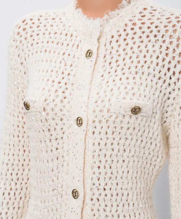 Twinset Cardigan beige traforato con lana e paillettes 242TP3772
